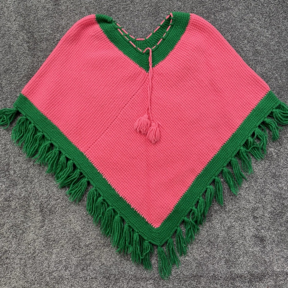 Poncho Womens One Size Pink Green Crochet Handknit Sweater Fringe Knitted